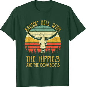 Raising-Hell with The Hippies and Cowboys Western Cowhide T-Shirt - T-Shirt | Forest