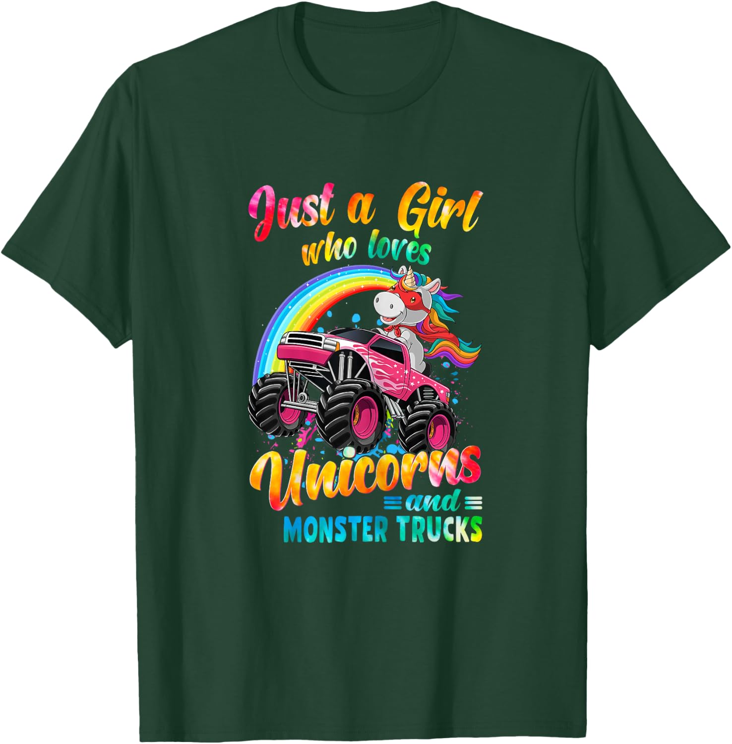 Just A Girl Who Loves Unicorns And Monster Trucks Girls Kid T-Shirt - T-Shirt | Forest