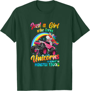 Just A Girl Who Loves Unicorns And Monster Trucks Girls Kid T-Shirt - T-Shirt | Forest