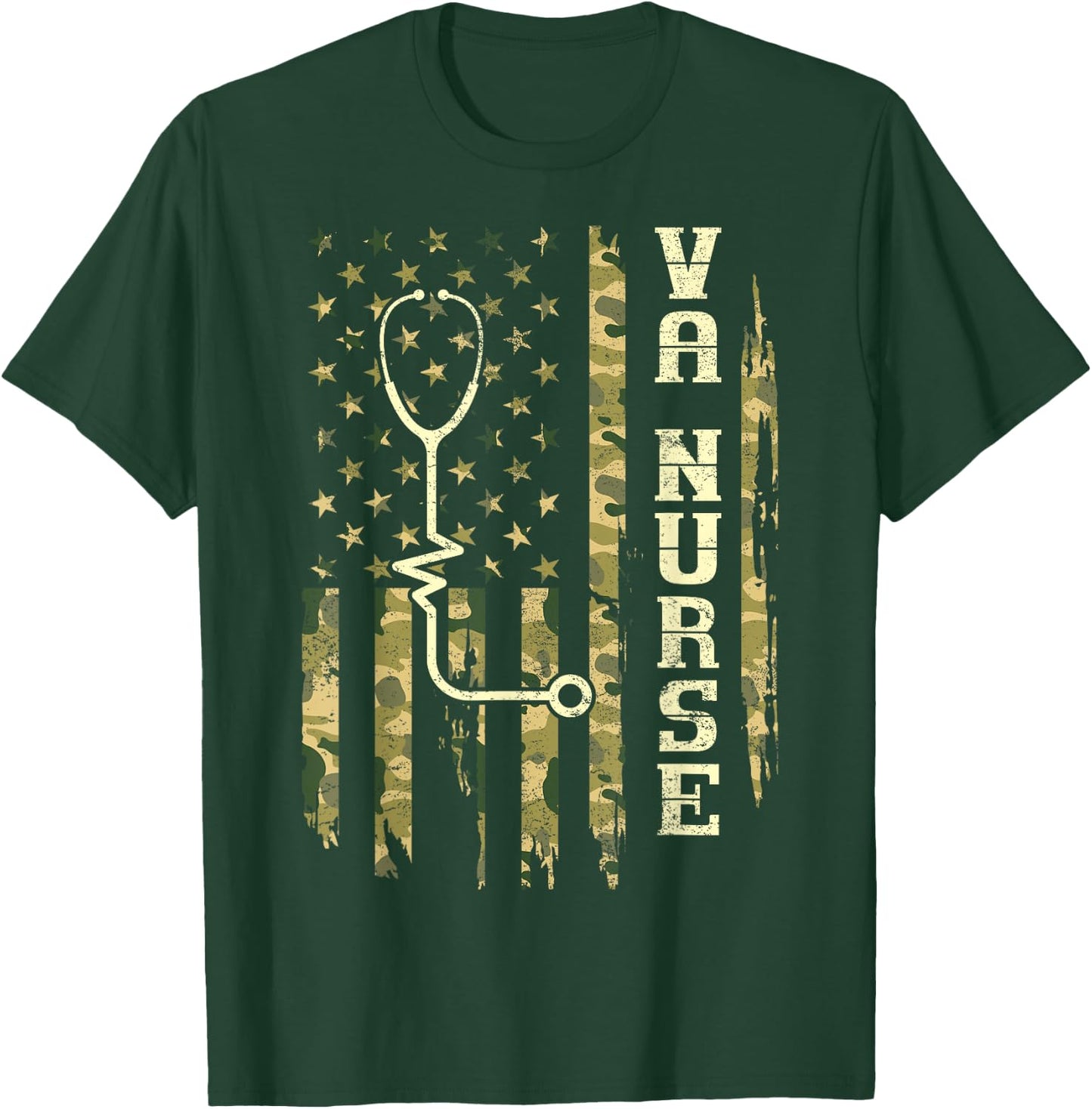 VA Nurse Camouflage American Flag Patriotic Medical Worker T-Shirt - T-Shirt | Forest