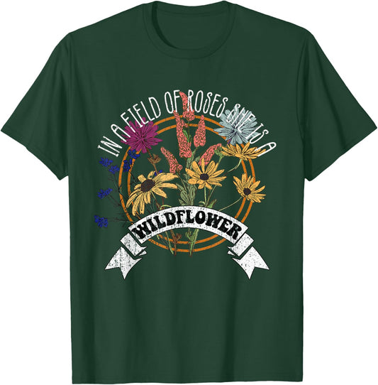 In A Field Of Roses She Is A Wildflower Vintage Boho Flowers T-Shirt - T-Shirt | Forest