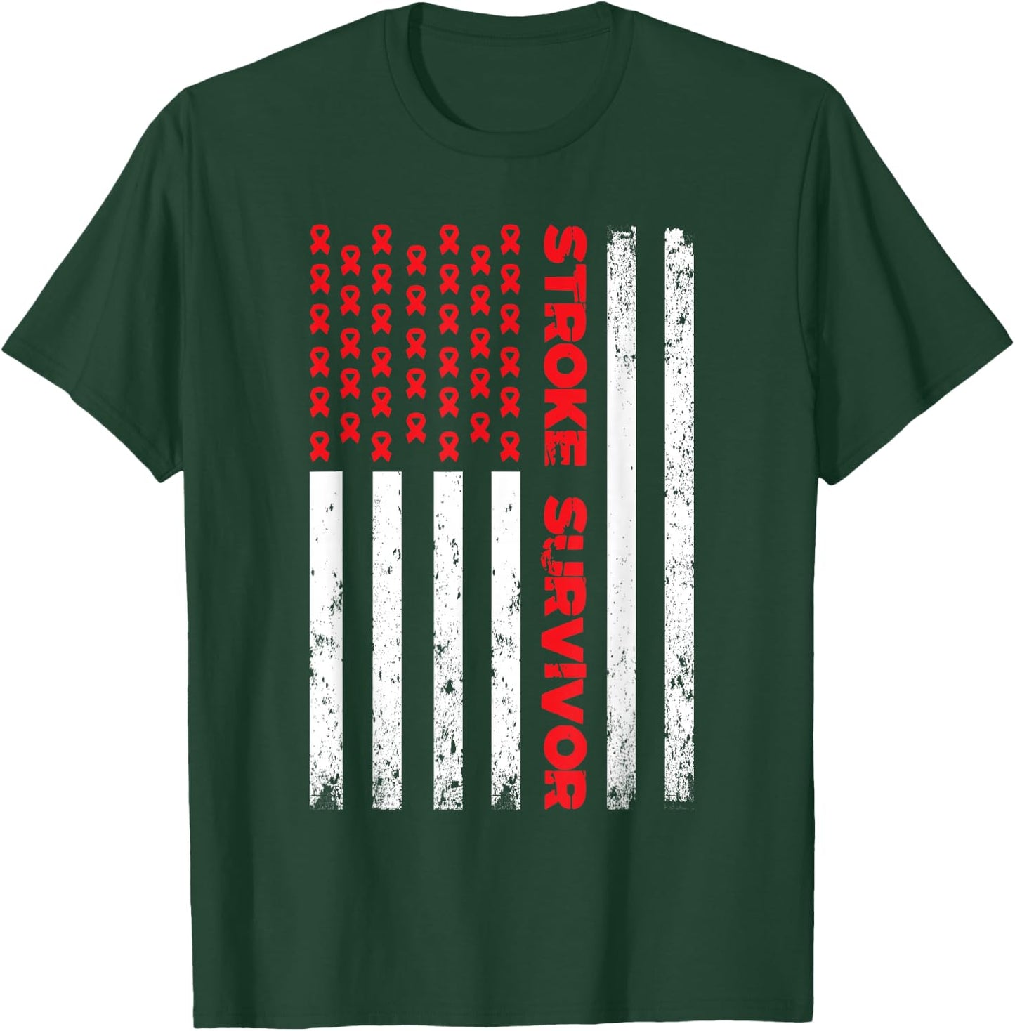 USA Flag Stroke Survivor Awareness Red Ribbon Brain Attack T-Shirt - T-Shirt | Forest