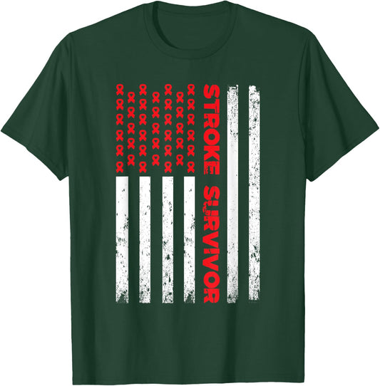USA Flag Stroke Survivor Awareness Red Ribbon Brain Attack T-Shirt - T-Shirt | Forest