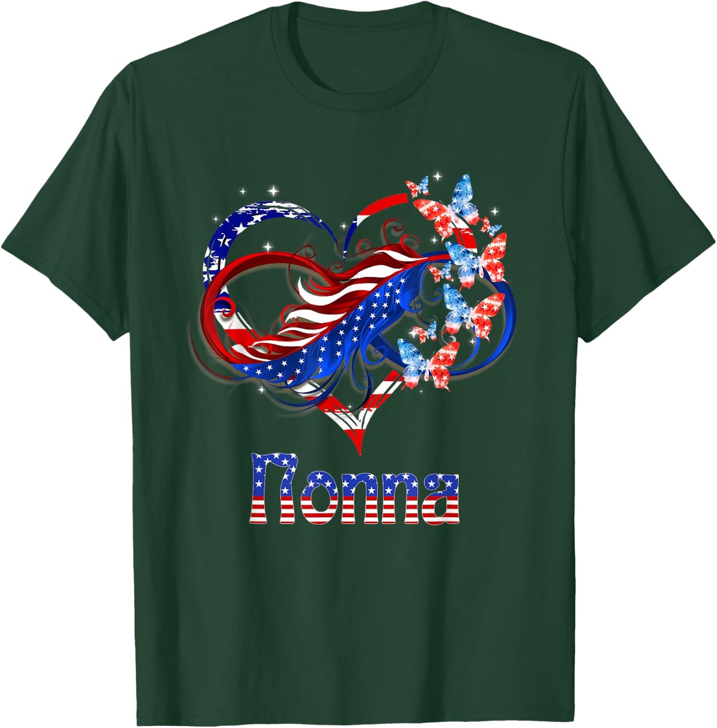 American Nonna Heart Butterlfies Patriotic 4th Of July T-Shirt - T-Shirt | Forest