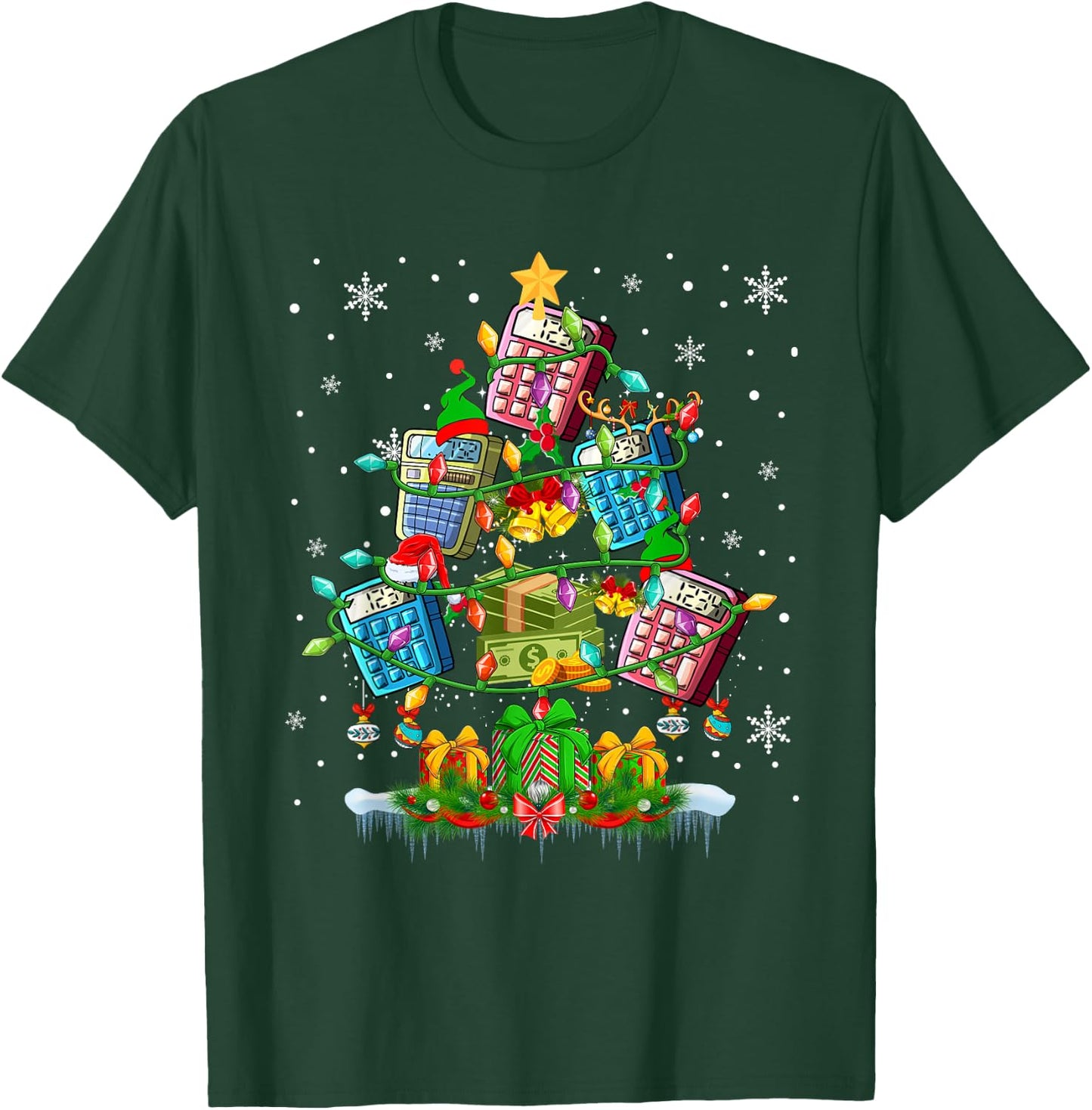 X-mas Tree Santa Reindeer Elf Calculators Accountant Lover T-Shirt - T-Shirt | Forest