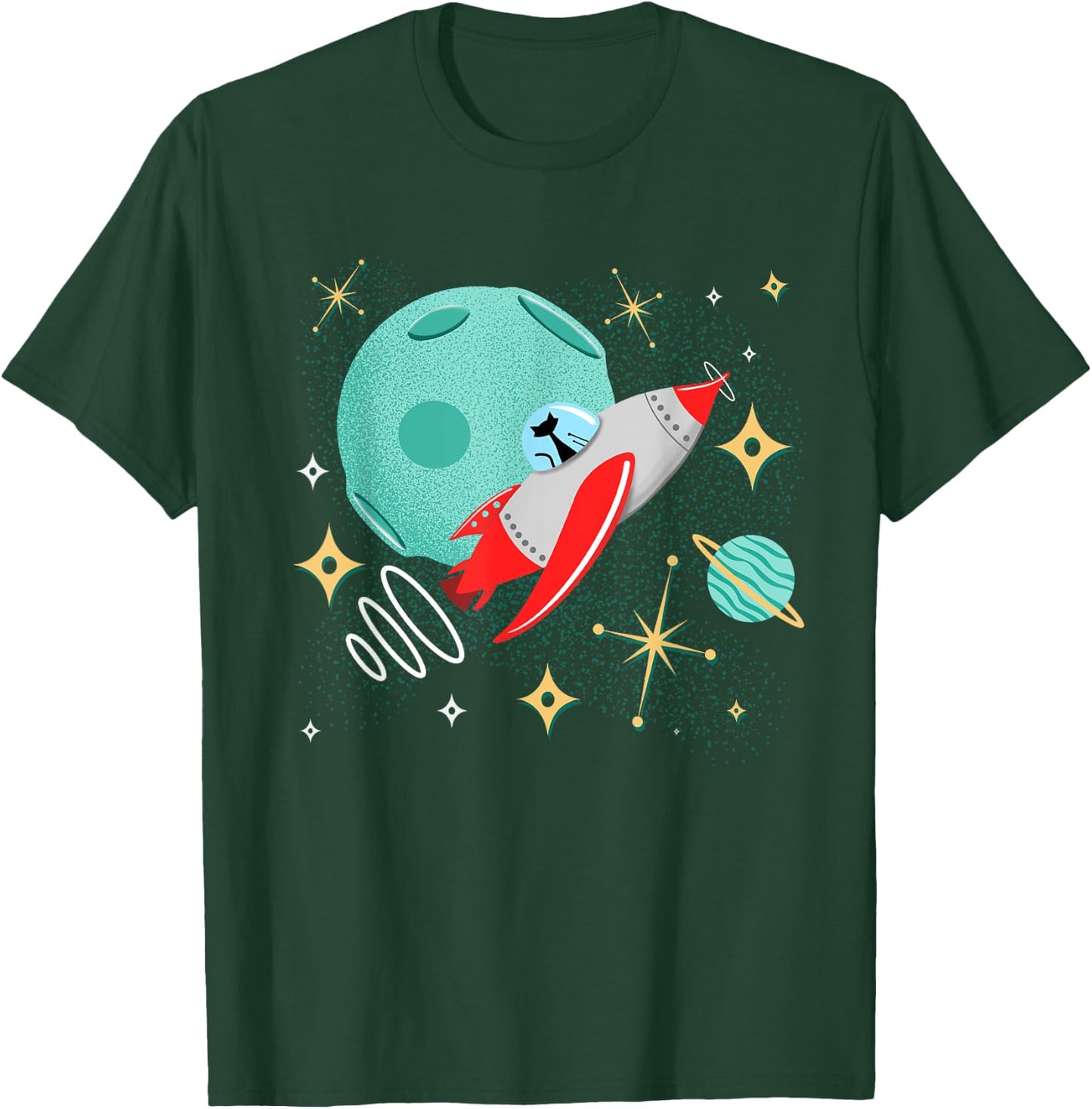 Atomic Rocket Cat Funny Mid-Century Cat Futuristic Spaceship T-Shirt - T-Shirt | Forest