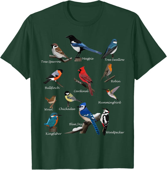 Garden Birds Cardinal Blue Jay Hummingbird Robin Wren Finch T-Shirt - T-Shirt | Forest