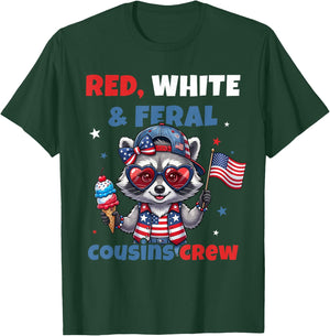 Red White Feral Cousins Crew Patriotic Raccoon 4th of July T-Shirt - T-Shirt | Forest