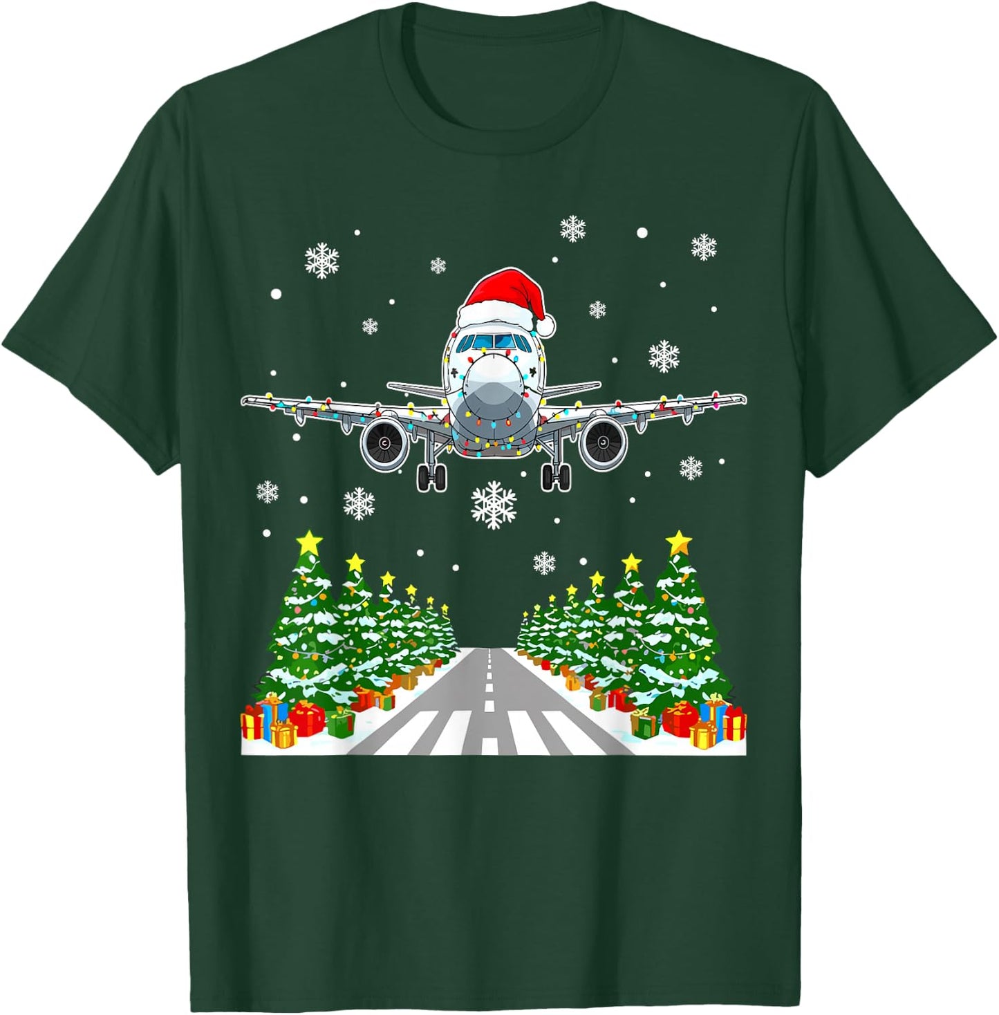 Christmas Airplane Santa Trees Lights Pilot Aviation T-Shirt - T-Shirt | Forest