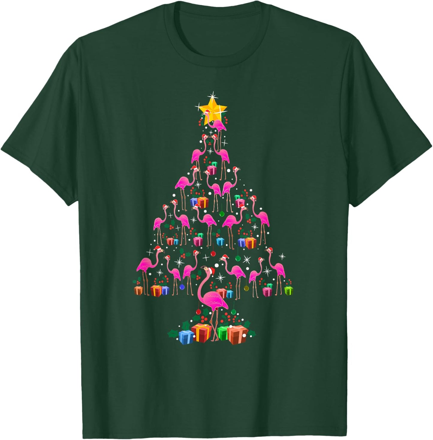 Pink Flamingo Christmas Tree Cute T-Shirt - T-Shirt | Forest