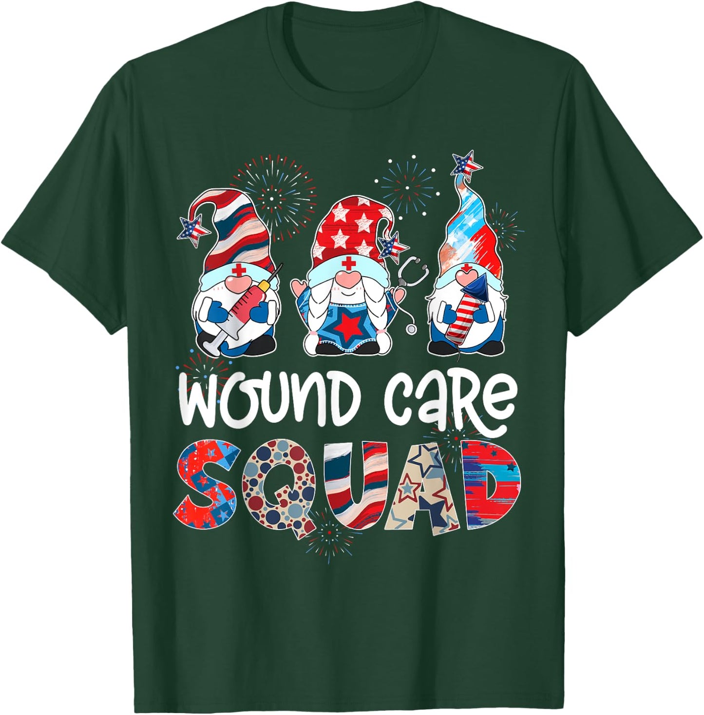 Wound Care Squad Gnomes 4th Of July Pride Nurse Stethoscope T-Shirt - T-Shirt | Forest