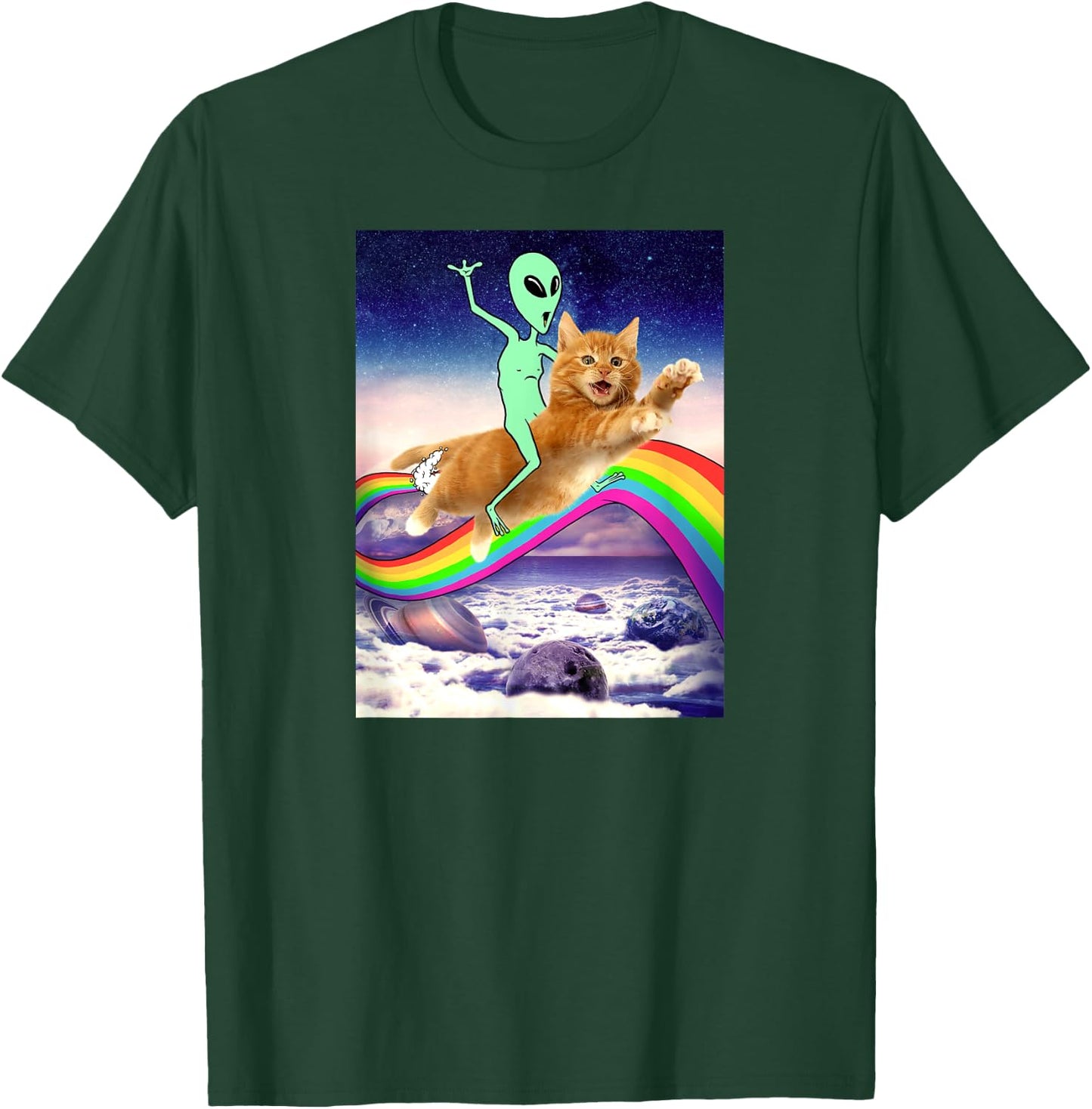 Alien Riding Cat Over Rainbow Men Women Kids T-Shirt - T-Shirt | Forest