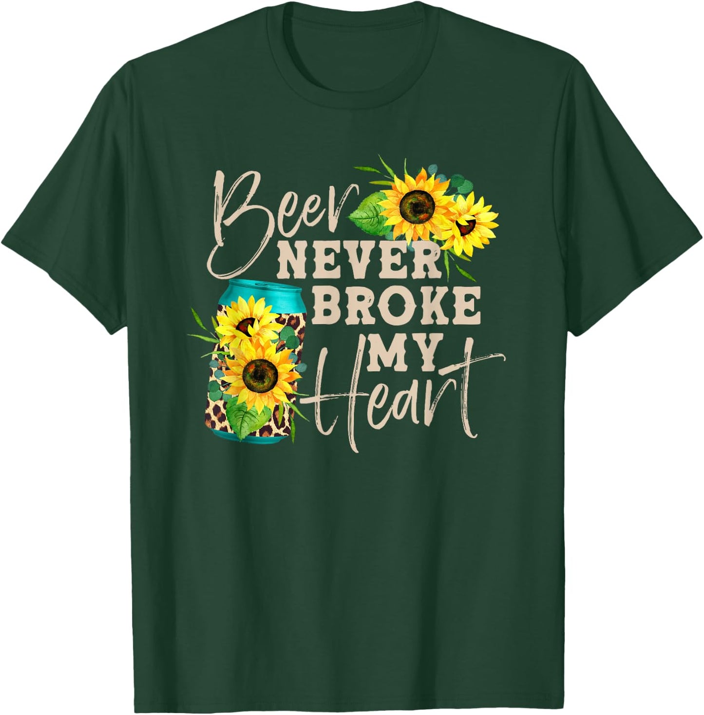 Beer Never Broke My Heart Sunflower Leopard Print Beer Lady T-Shirt - T-Shirt | Forest