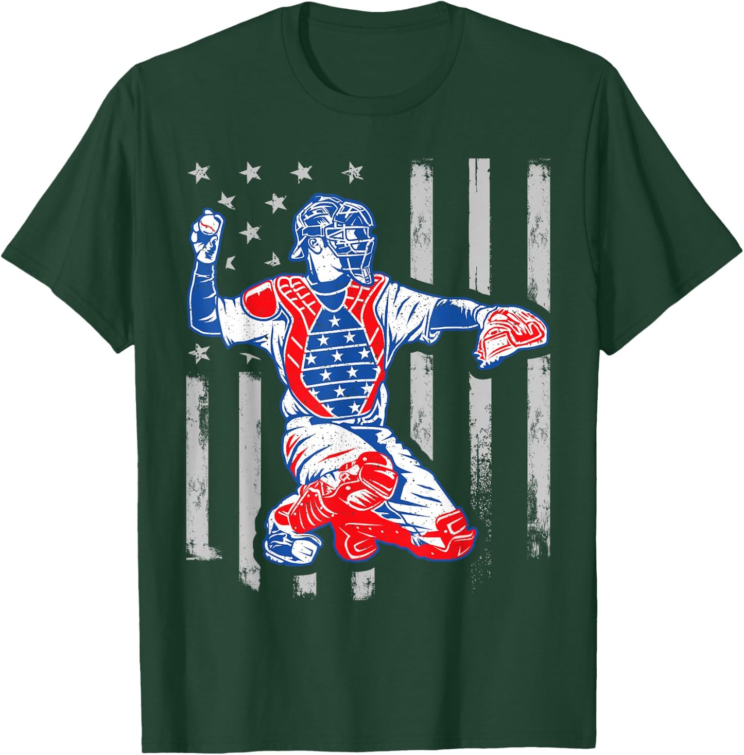 American Baseball Catcher USA Vintage Flag 4th of July Boys T-Shirt - T-Shirt | Forest