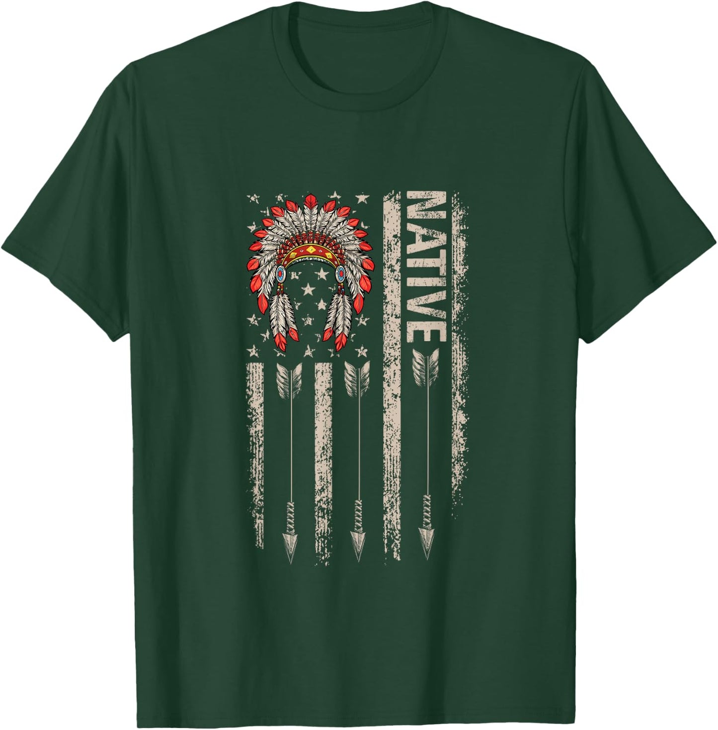 Cool Native American Feather Arrow Flag Headdress Indigenous T-Shirt - T-Shirt | Forest