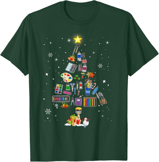 Art Lovers Christmas Tree Outfits Art Teacher Ugly Artist Xmas Pajama T-Shirt - T-Shirt | Forest