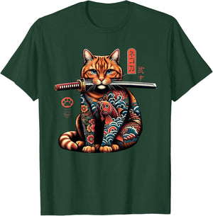 Japanese Samurai Ninja Cat Kawaii Tattoo Graphic Women T-Shirt - T-Shirt | Forest