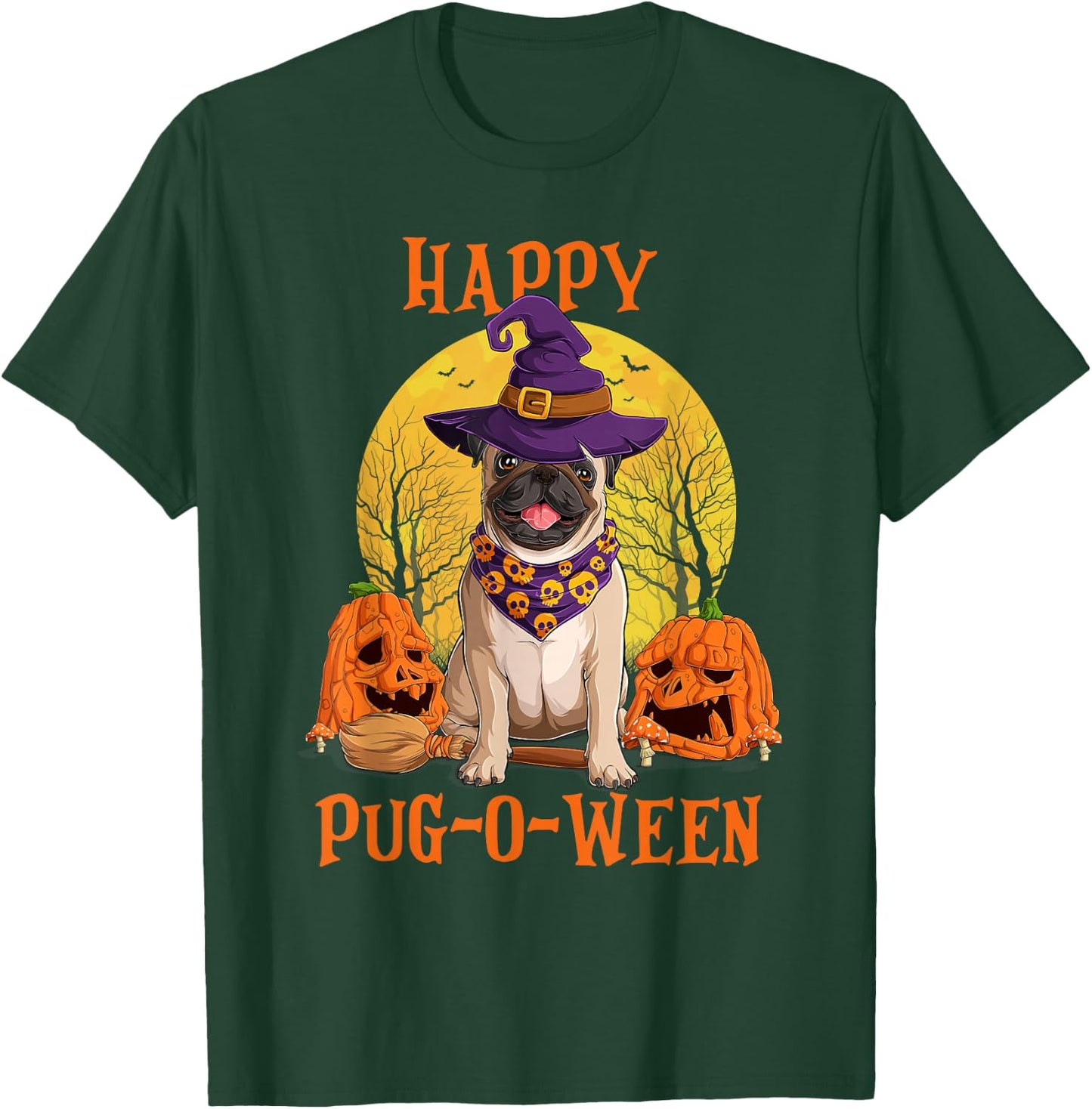Funny Halloween Costumes for Pugs Lovers - Pumpkin Witch Pug T-Shirt - T-Shirt | Forest