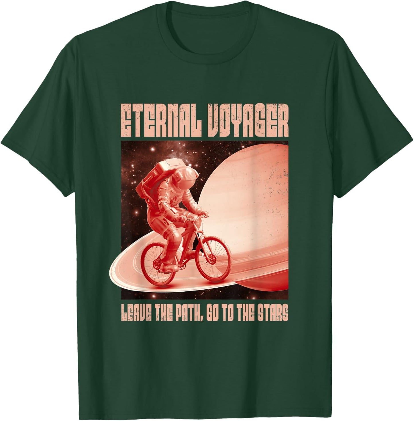 Eternal Voyager Astronaut on Bike Saturn Planet Graphic T-Shirt - T-Shirt | Forest