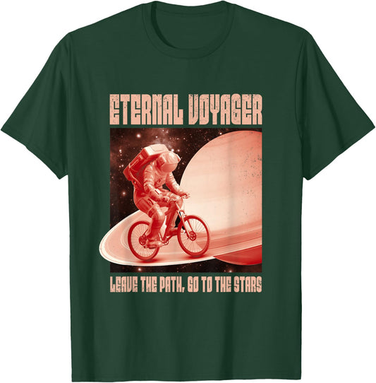 Eternal Voyager Astronaut on Bike Saturn Planet Graphic T-Shirt - T-Shirt | Forest