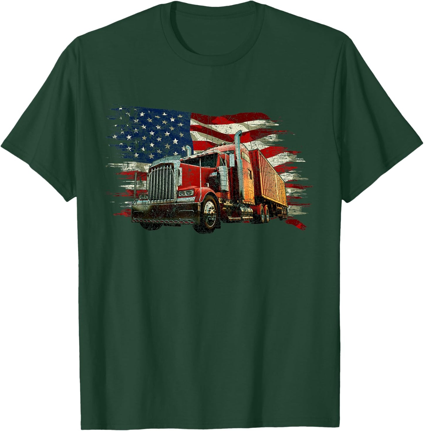 Retro Vintage Semi Truck Driver 18 Wheeler Trucker USA Flag T-Shirt - T-Shirt | Forest
