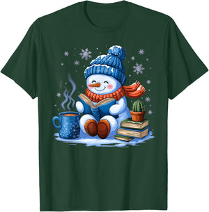 Snowman Reading Book Lovers Christmas Bookworm Librarian T-Shirt - T-Shirt | Forest