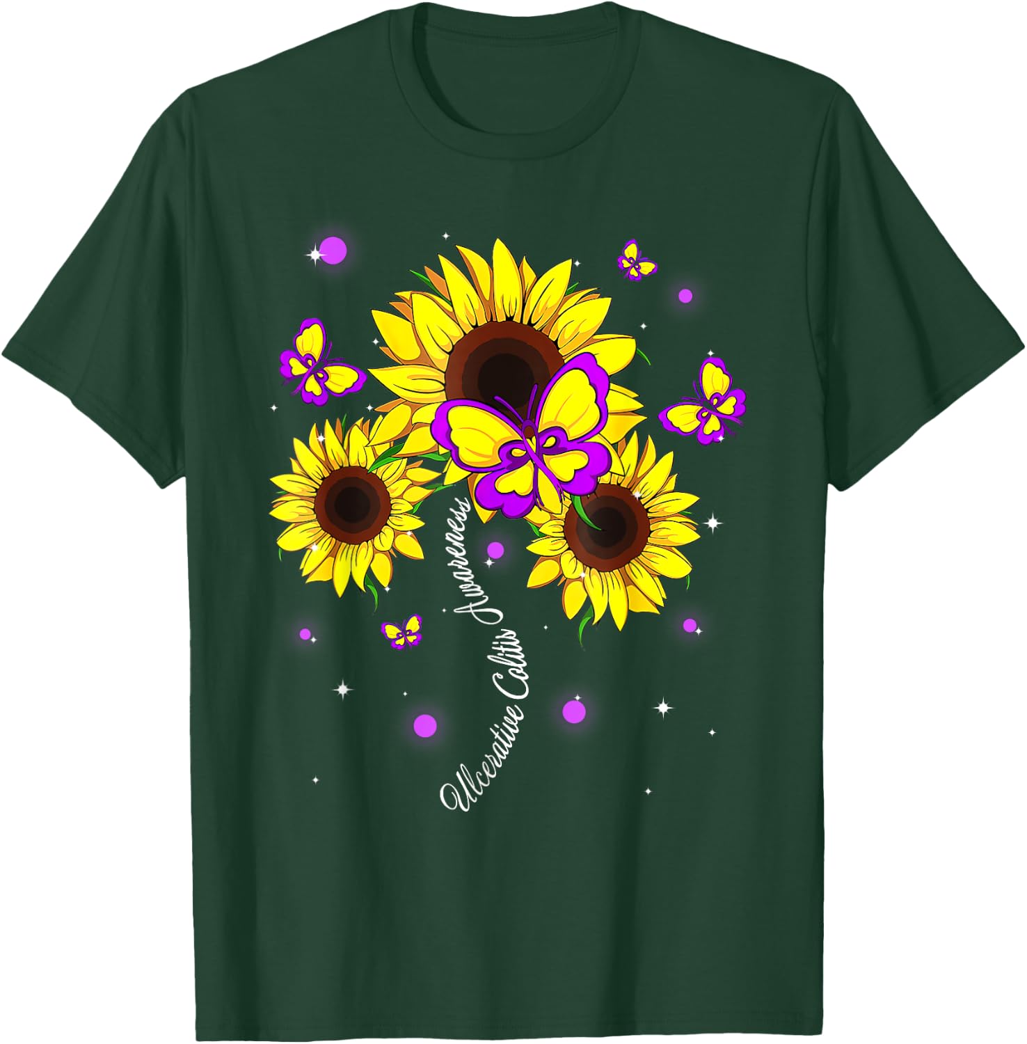Ulcerative Colitis Awareness Sunflower Butterfly Ribbon T-Shirt - T-Shirt | Forest