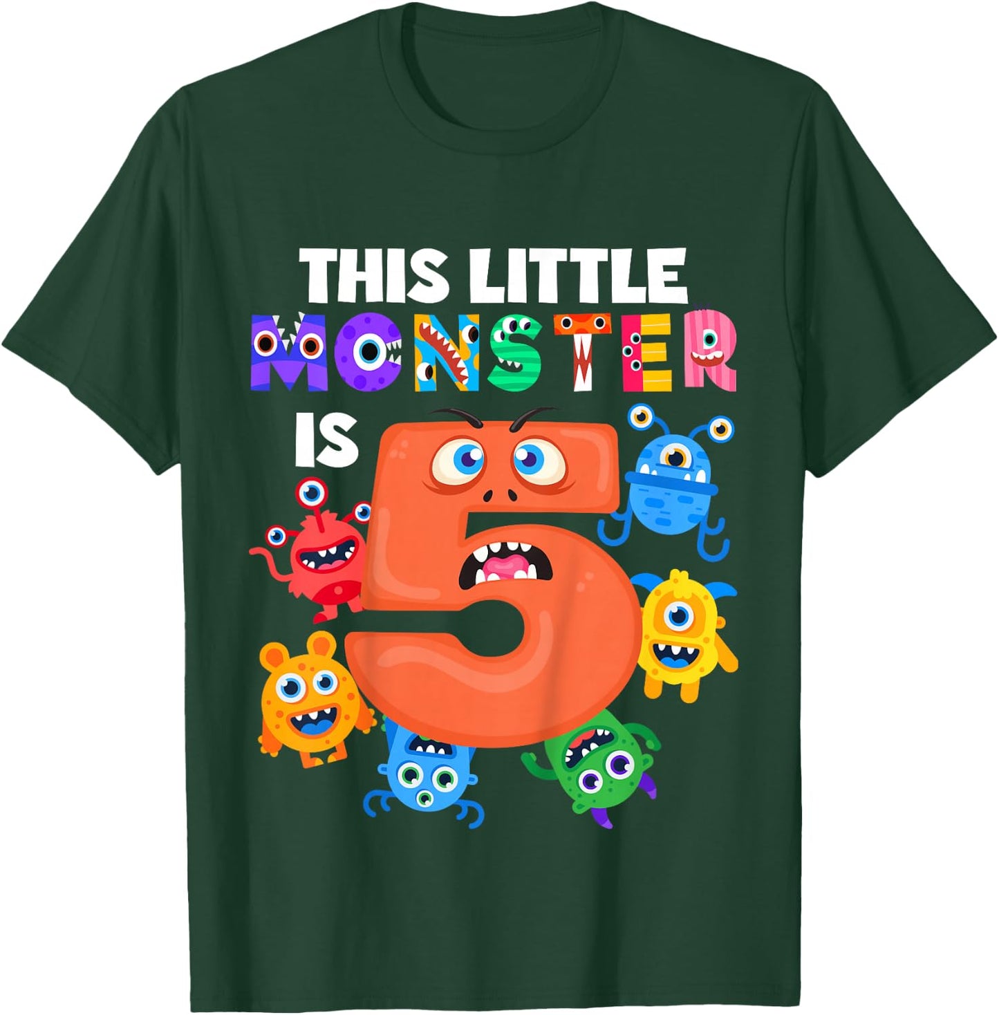 Kids This Little Monster is 5 Five Years 5th Birthday Party Alien T-Shirt - T-Shirt | Forest