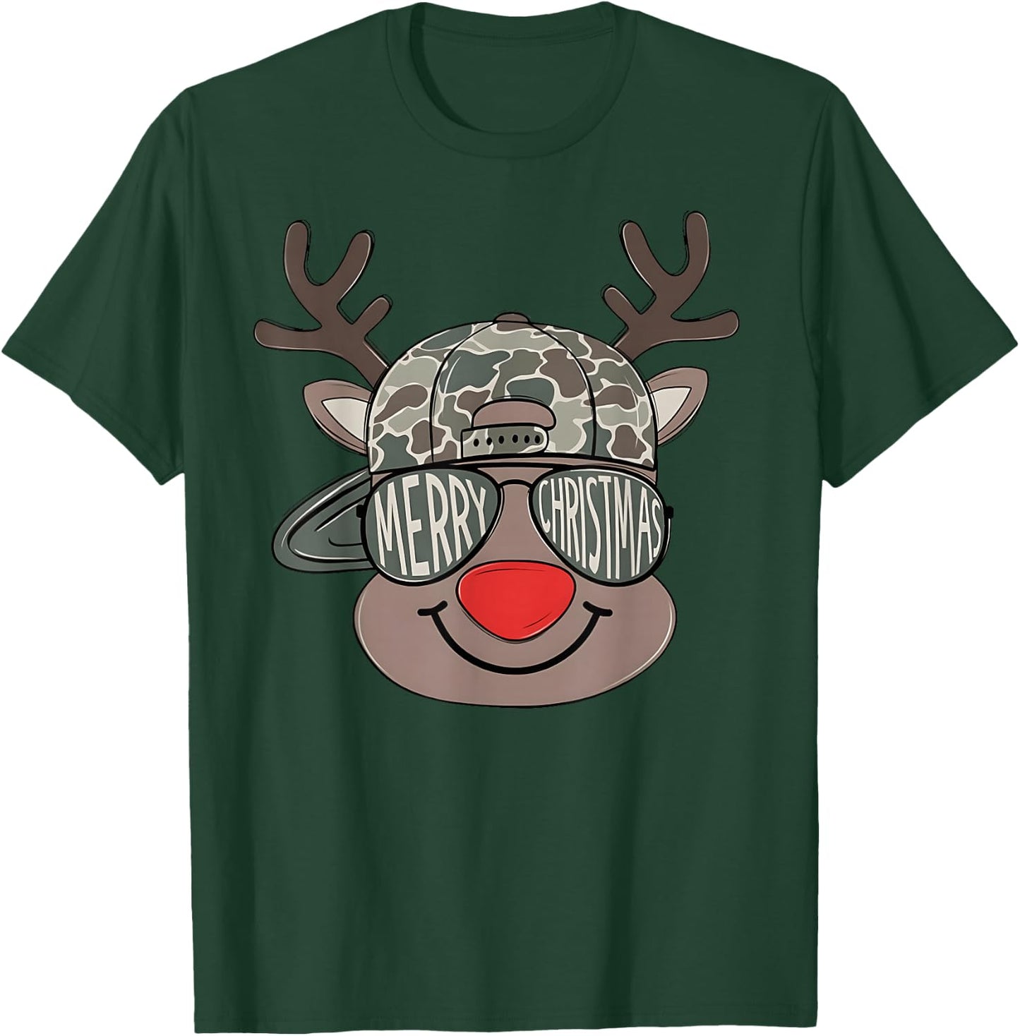 Boy Reindeer Hat Camo Hat Merry Christmas Xmas Boys Kids T-Shirt - T-Shirt | Forest