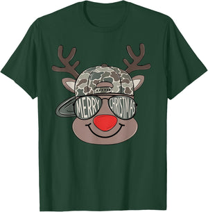 Boy Reindeer Hat Camo Hat Merry Christmas Xmas Boys Kids T-Shirt - T-Shirt | Forest
