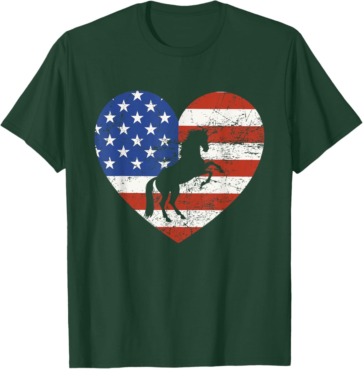 Horse American Flag Heart 4th of July USA Patriotic Pride T-Shirt - T-Shirt | Forest