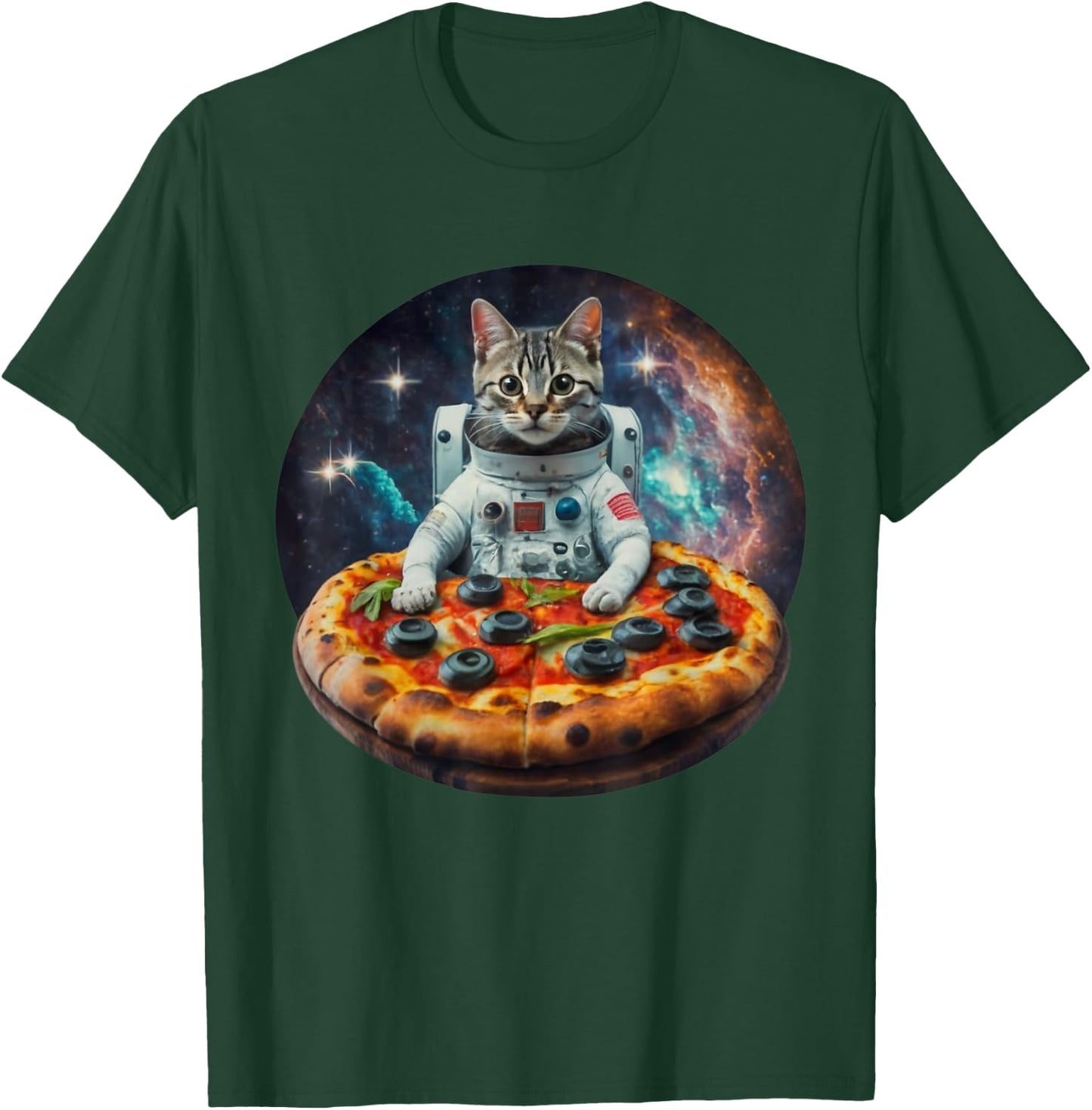 Funny Galaxy Cat Kitten Astronaut Eating Pizza In Space Women Girls Kids T-Shirt - T-Shirt | Forest