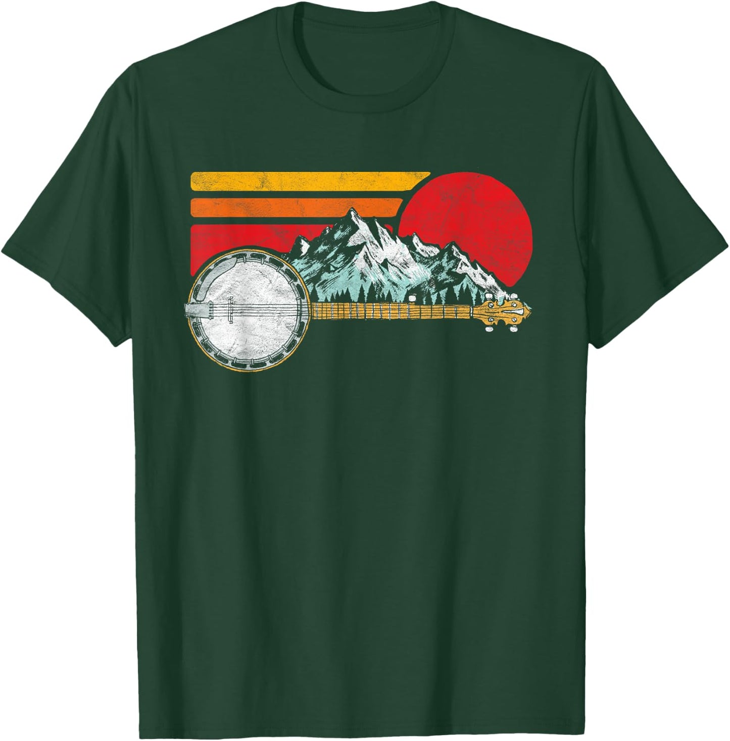 Retro Banjo Mountains & Sun Sketch Surf Style 80's Graphic T-Shirt - T-Shirt | Forest