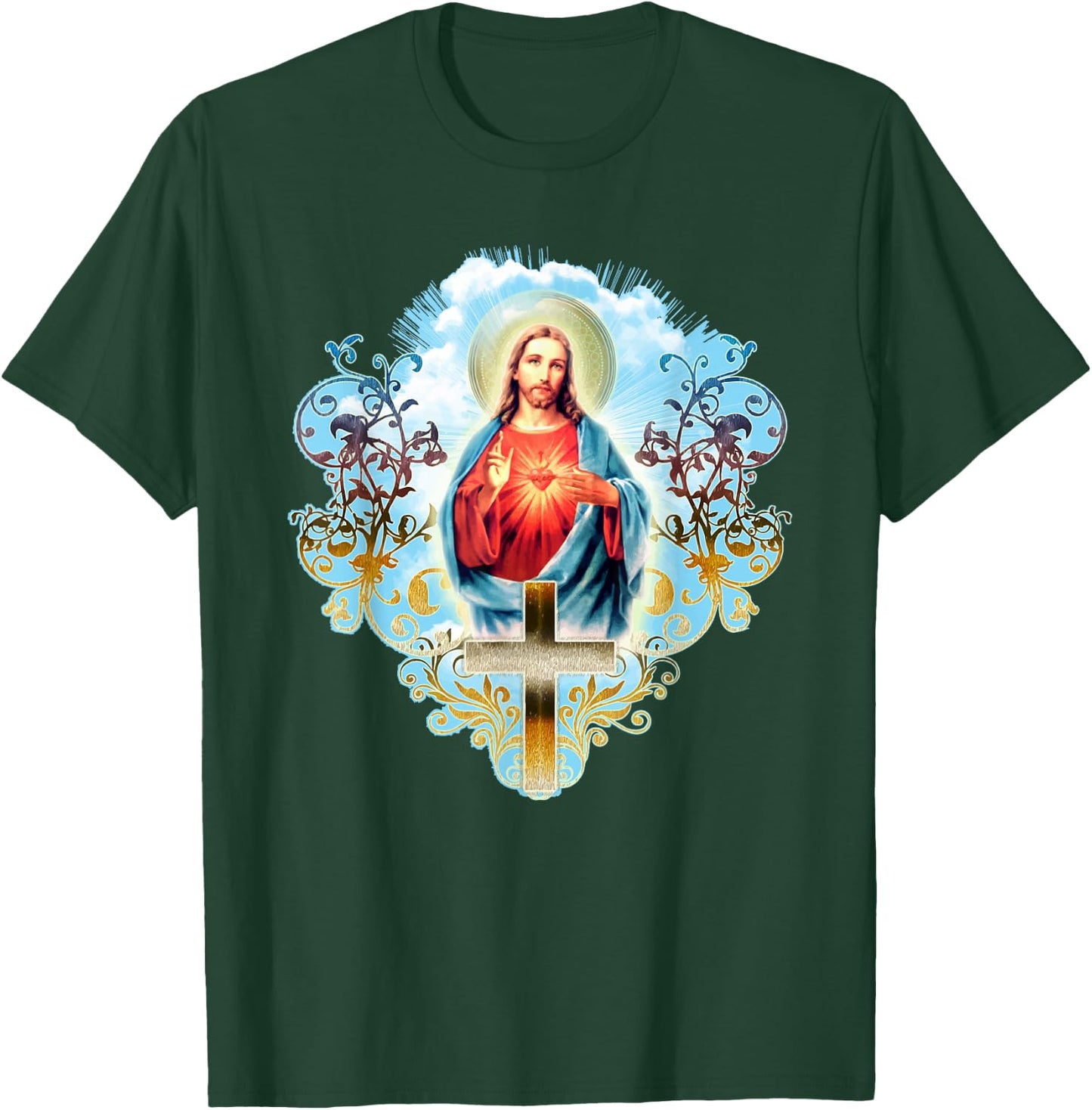 Heart Jesus Christ Vintage Cross Catholic Gifts T-Shirt - T-Shirt | Forest