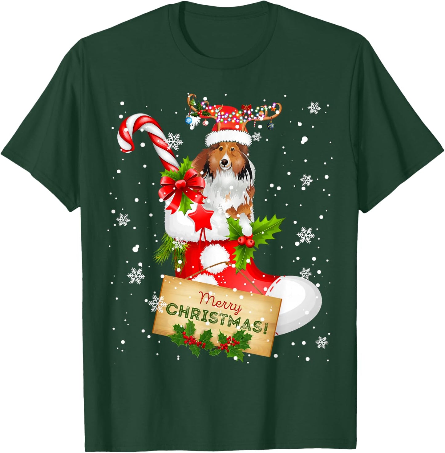 Merry Christmas Xmas Lights Santa Reindeer Sheltie In Sock T-Shirt - T-Shirt | Forest