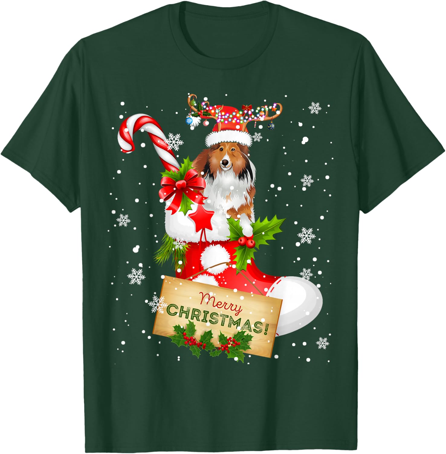 Merry Christmas Xmas Lights Santa Reindeer Sheltie In Sock T-Shirt - T-Shirt | Forest