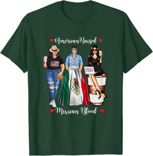 American Raised Mexican Blood USA Flag Patriotic Mexico Flag T-Shirt - T-Shirt | Forest