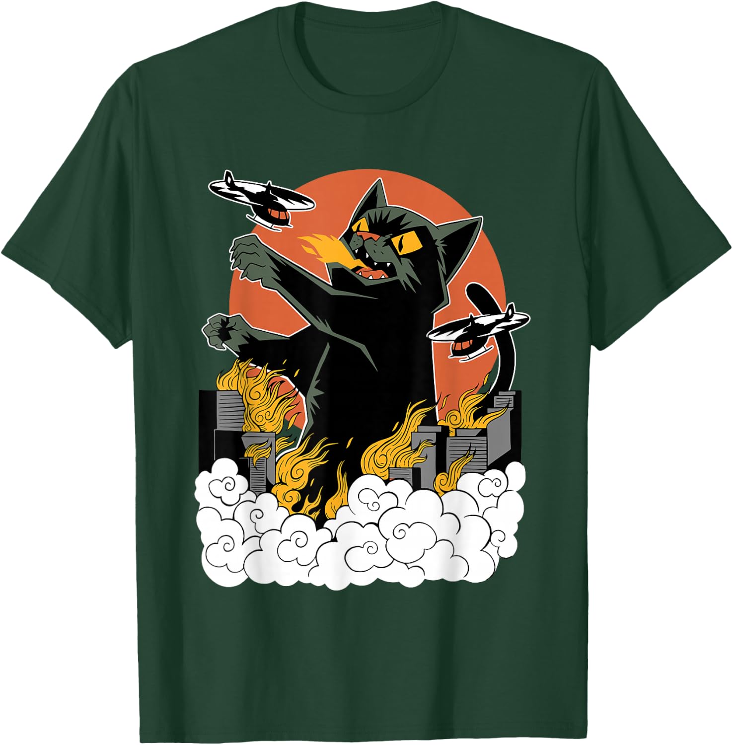 Black Japanese Catzilla Sunset - Classic Fit, , Cotton & Polyester Blend T-Shirt - T-Shirt | Forest