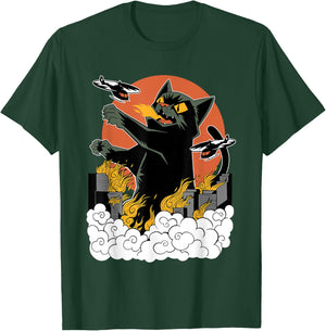 Black Japanese Catzilla Sunset - Classic Fit, , Cotton & Polyester Blend T-Shirt - T-Shirt | Forest