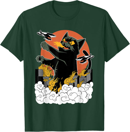 Black Japanese Catzilla Sunset - Classic Fit, , Cotton & Polyester Blend T-Shirt - T-Shirt | Forest