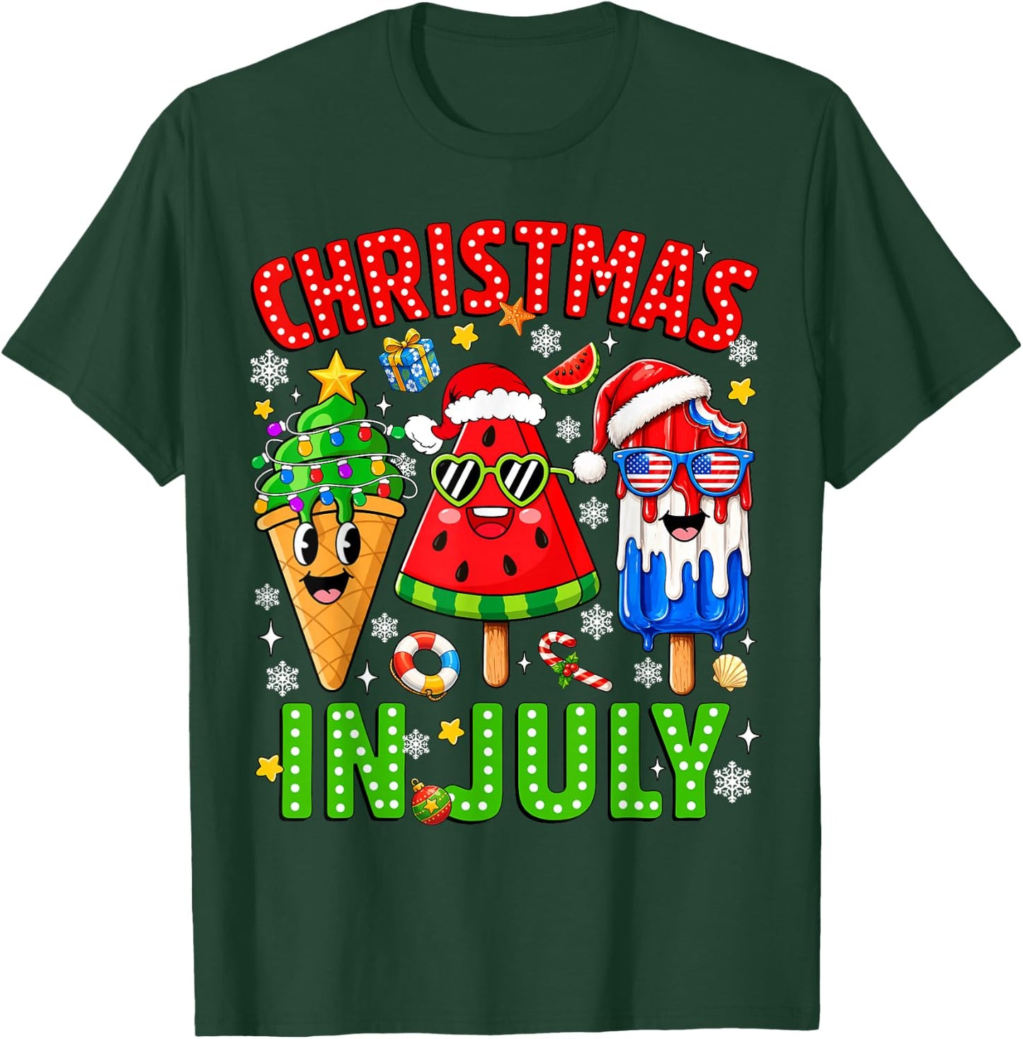 Christmas in July Ice Pops Watermelon Xmas Santa Hat Kids T-Shirt - T-Shirt | Forest