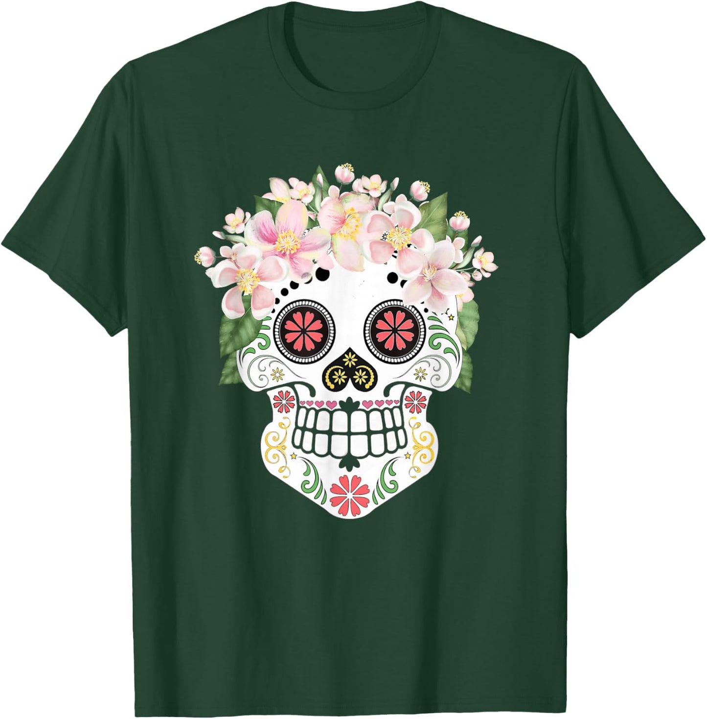 Beautiful Sugar Skull with Apple Blossom Flowers Day of Dead T-Shirt - T-Shirt | Forest