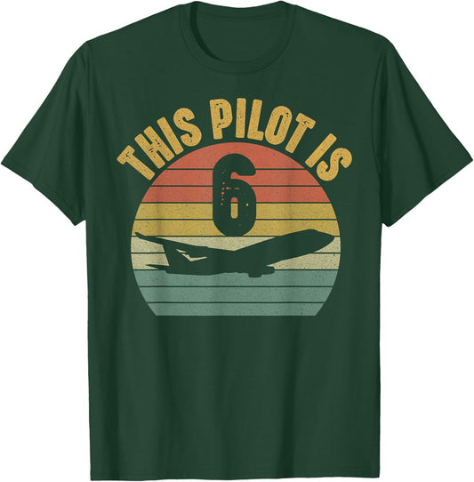 Pilot 6th Birthday Airplane Aviation Plane Theme 6 Years Old T-Shirt - T-Shirt | Forest