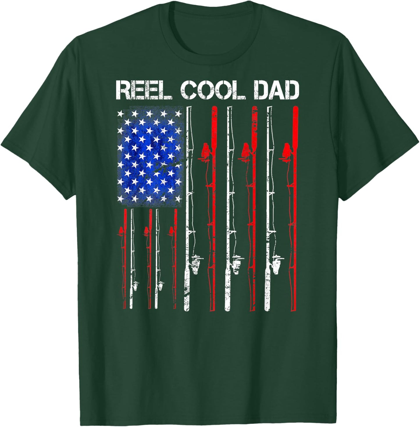 Reel Cool Dad Fishing USA Flag Patriotic 4th Of July On Back Men T-Shirt - T-Shirt | Forest