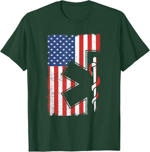 EMT EMS Shirt Paramedic T Shirt USA American Flag Gift Women Kids Men T-Shirt - T-Shirt | Forest