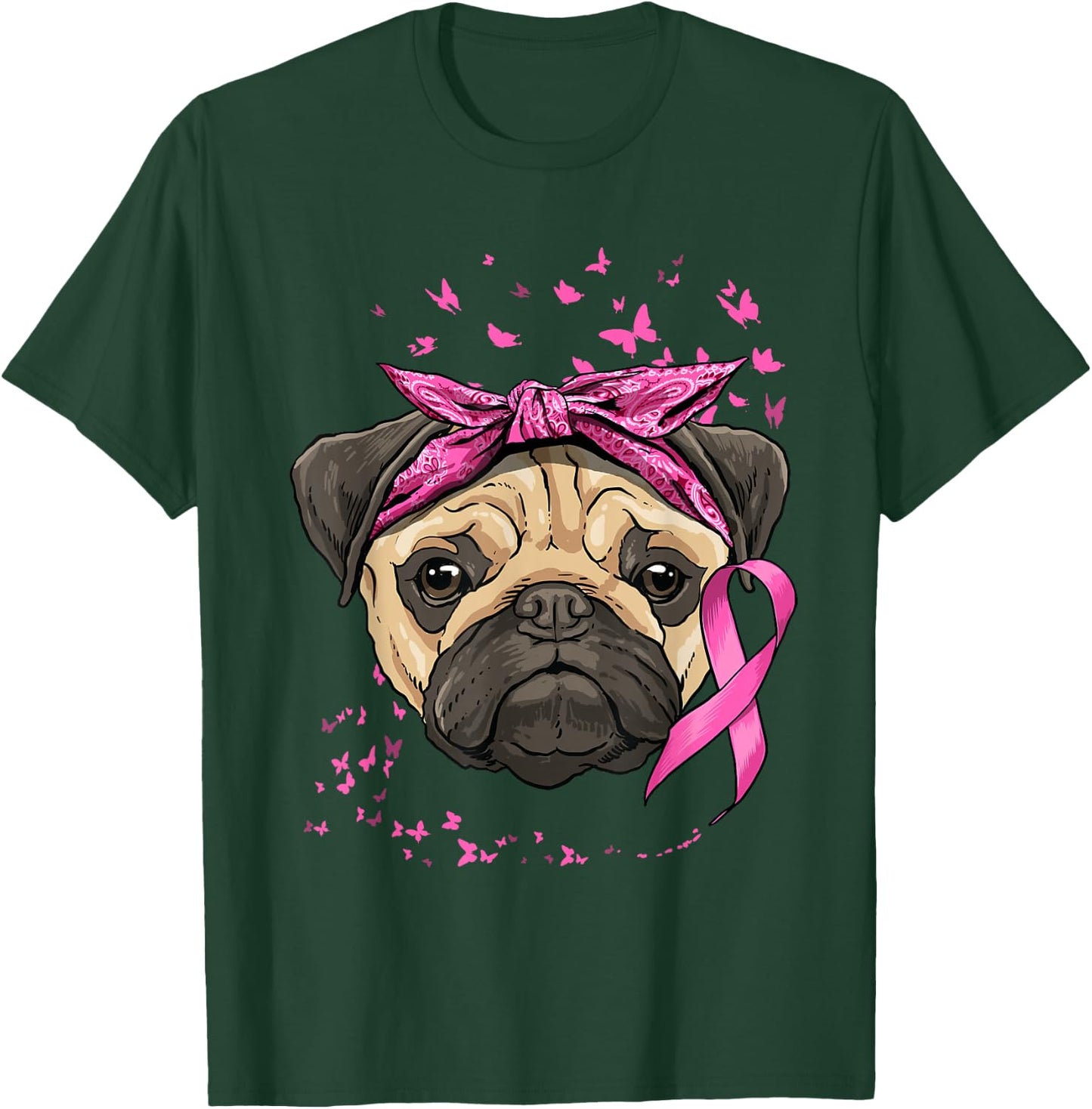 Breast Cancer Awareness Pug Dog Pink Ribbon Cancer Survivor T-Shirt - T-Shirt | Forest
