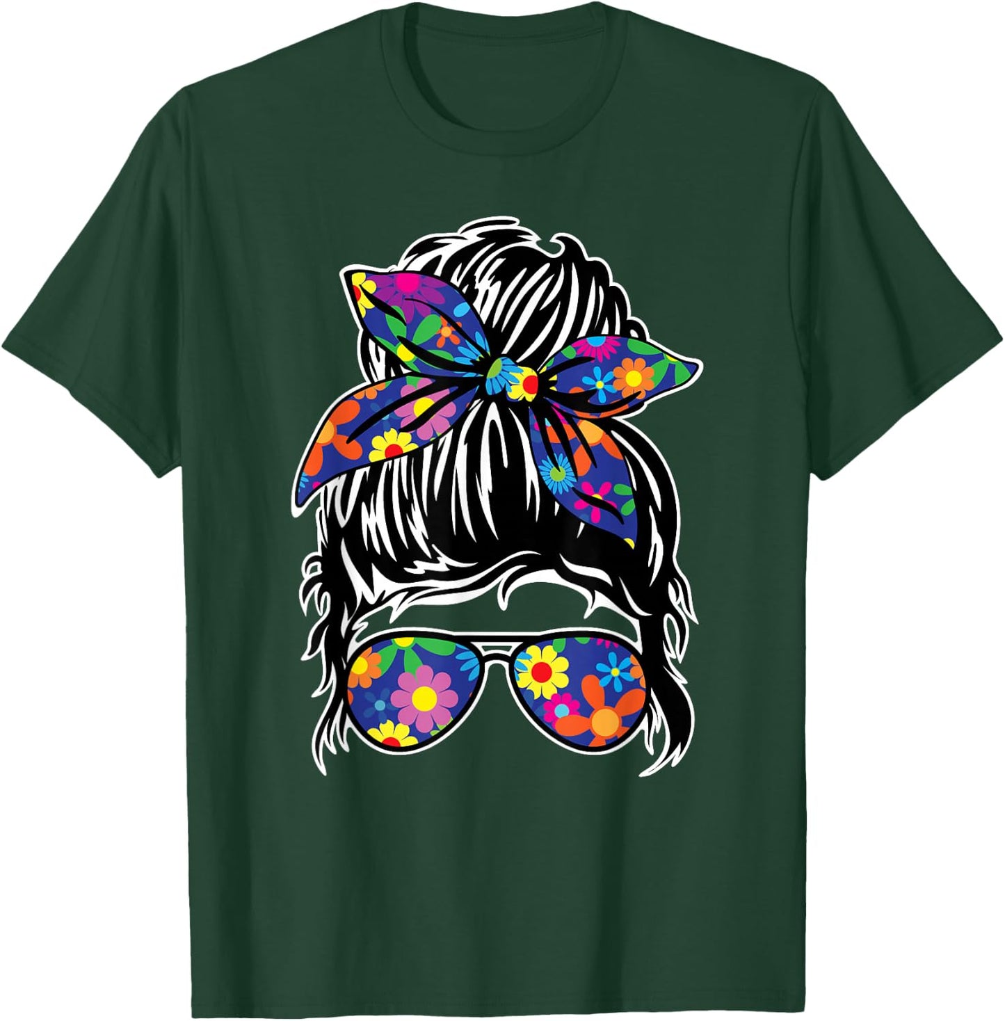 Messy Hair Bun with Bandana Ribbon and Sunglasses Design T-Shirt - T-Shirt | Forest