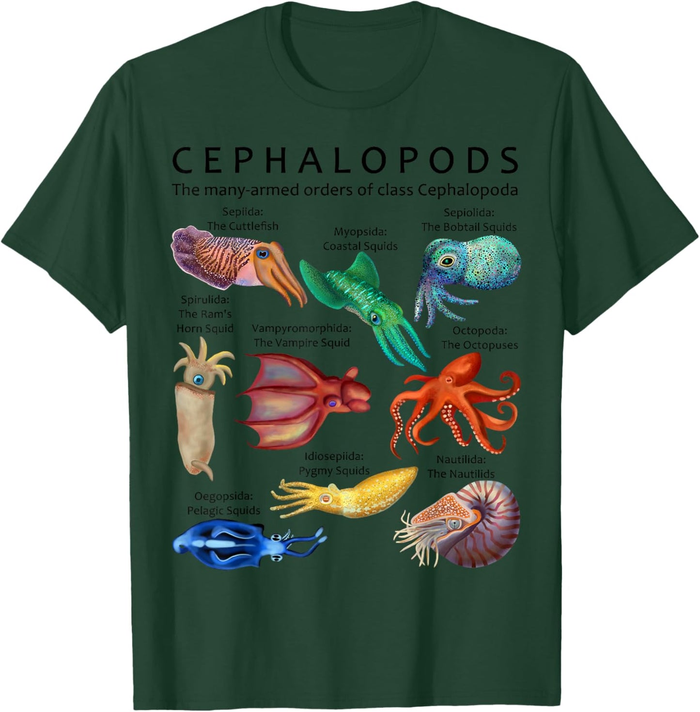 The Cephalopod: Octopus, Squid, Cuttlefish, and Nautilus T-Shirt - T-Shirt | Forest