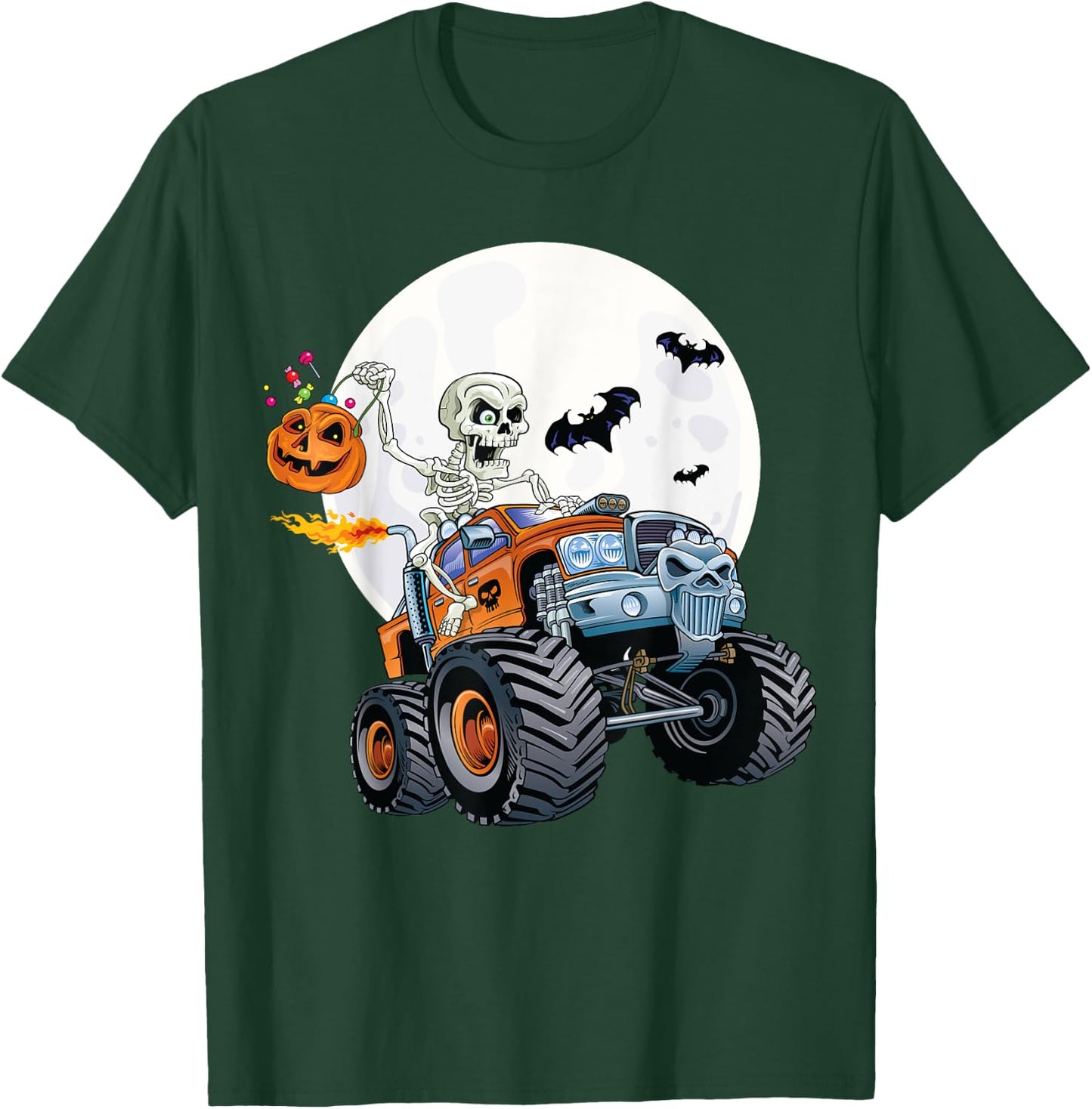 Skeleton Monster Truck Creepy Halloween Jack O Lantern Kids T-Shirt - T-Shirt | Forest