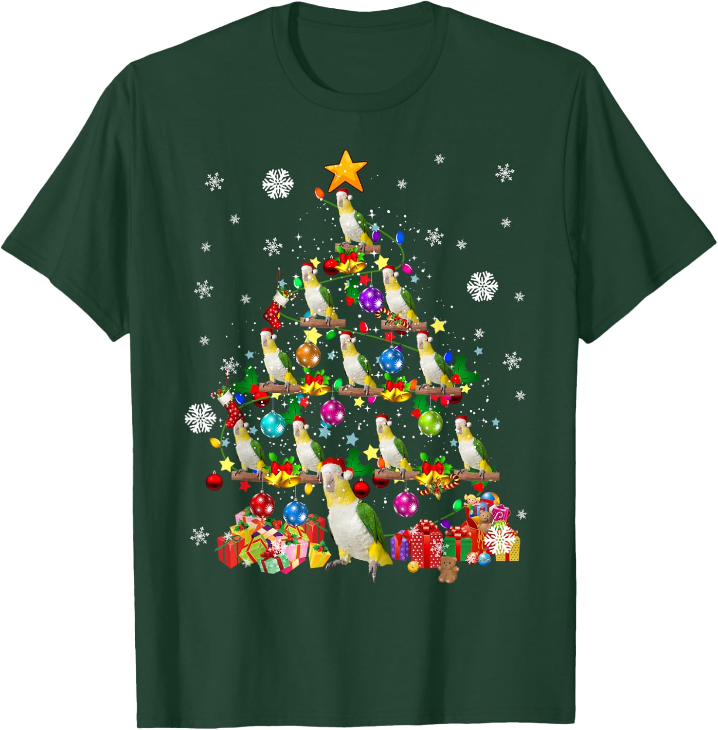 Santa Caique Birds Christmas Tree Lights Santa Parrots Birds T-Shirt - T-Shirt | Forest